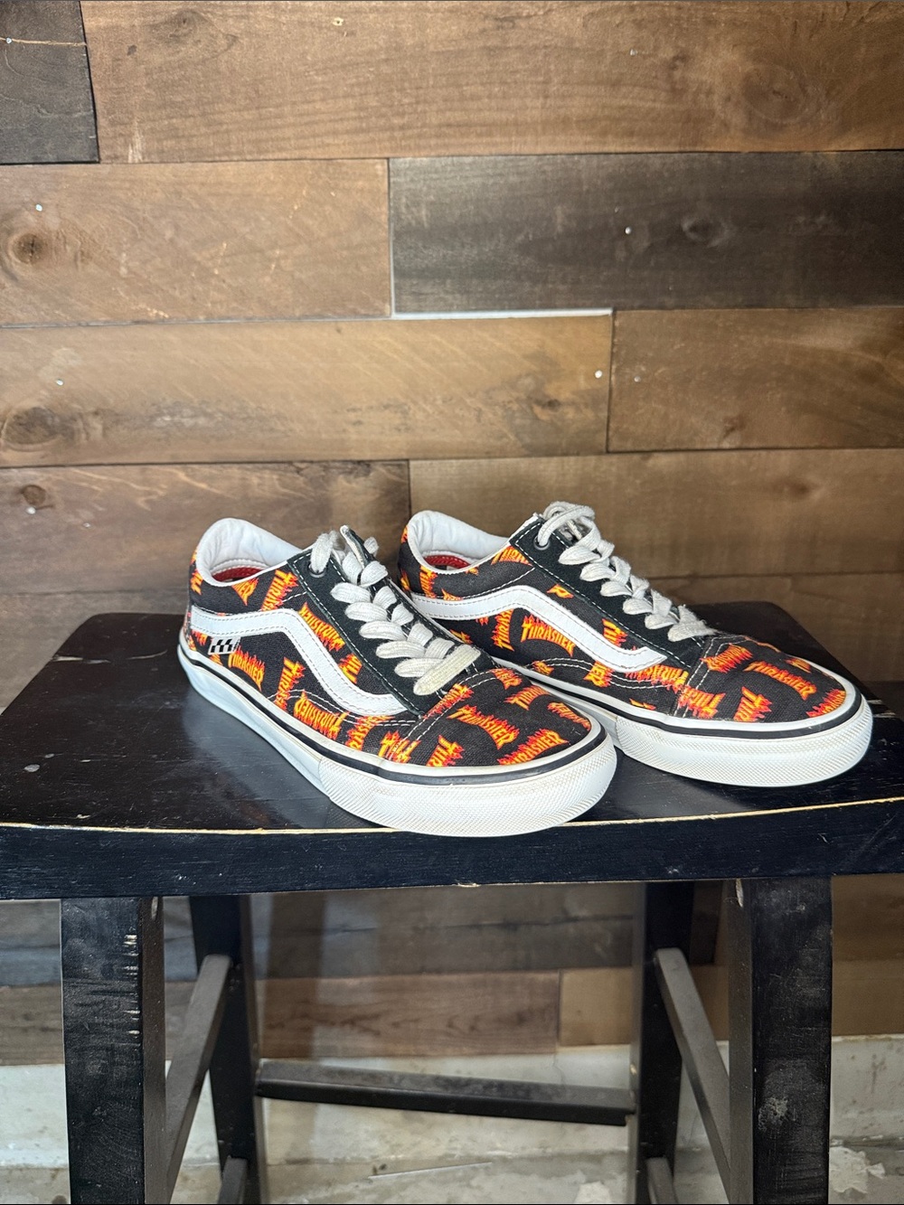 Vans Black Canvas Low-Top Sneakers with Orange Flame Pattern THRASHER